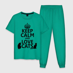 Мужская пижама хлопок с принтом Keep calm and love cats. , 100% хлопок | брюки и футболка прямого кроя, без карманов, на брюках мягкая резинка на поясе и по низу штанин
 | keep calm | keep calm and love cats | сохраняйте спокойствие