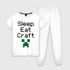 Женская пижама хлопок с принтом Sleep eat craft , 100% хлопок | брюки и футболка прямого кроя, без карманов, на брюках мягкая резинка на поясе и по низу штанин | boom | minecraft | игры | компьютерные игры | майнкрафт