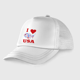 Детская кепка тракер с принтом Я люблю Америку , Козырек - 100% хлопок. Кепка - 100% полиэстер, Задняя часть - сетка | универсальный размер, пластиковая застёжка | i love usa | я люблю америку