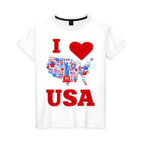 Женская футболка хлопок с принтом Я люблю Америку , 100% хлопок | прямой крой, круглый вырез горловины, длина до линии бедер, слегка спущенное плечо | i love usa | я люблю америку