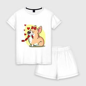 Женская пижама с шортиками хлопок с принтом Влюбленная собачка , 100% хлопок | футболка прямого кроя, шорты свободные с широкой мягкой резинкой | влюбленная собачка | собачка