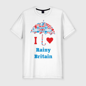 Мужская футболка премиум с принтом я люблю Британию , 92% хлопок, 8% лайкра | приталенный силуэт, круглый вырез ворота, длина до линии бедра, короткий рукав | Тематика изображения на принте: i love rainy britain | rainy britain | зонт | зонтик | я люблю британию