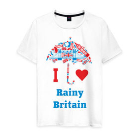 Мужская футболка хлопок с принтом я люблю Британию , 100% хлопок | прямой крой, круглый вырез горловины, длина до линии бедер, слегка спущенное плечо. | i love rainy britain | rainy britain | зонт | зонтик | я люблю британию