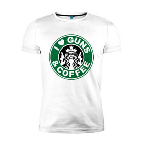 Мужская футболка премиум с принтом I Love Guns and Coffee пистолеты и кофе , 92% хлопок, 8% лайкра | приталенный силуэт, круглый вырез ворота, длина до линии бедра, короткий рукав | я люблю кофе и пистолеты