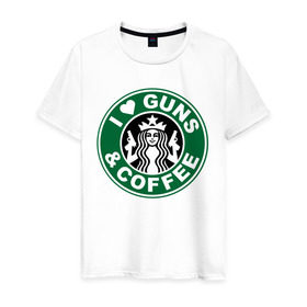 Мужская футболка хлопок с принтом I Love Guns and Coffee пистолеты и кофе , 100% хлопок | прямой крой, круглый вырез горловины, длина до линии бедер, слегка спущенное плечо. | я люблю кофе и пистолеты