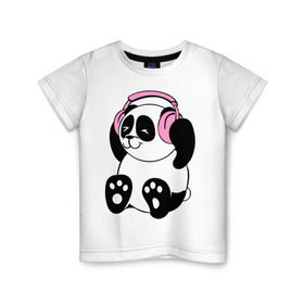Детская футболка хлопок с принтом Panda in headphones (панда в наушниках) , 100% хлопок | круглый вырез горловины, полуприлегающий силуэт, длина до линии бедер | панда