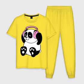 Мужская пижама хлопок с принтом Panda in headphones (панда в наушниках) , 100% хлопок | брюки и футболка прямого кроя, без карманов, на брюках мягкая резинка на поясе и по низу штанин
 | Тематика изображения на принте: панда