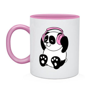 Кружка двухцветная с принтом Panda in headphones (панда в наушниках) , керамика | объем — 330 мл, диаметр — 80 мм. Цветная ручка и кайма сверху, в некоторых цветах — вся внутренняя часть | Тематика изображения на принте: панда