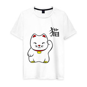 Мужская футболка хлопок с принтом Манэки-нэко (Maneki-Neko) , 100% хлопок | прямой крой, круглый вырез горловины, длина до линии бедер, слегка спущенное плечо. | кошки | няш | символ счастья | японские кошки