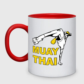 Кружка двухцветная с принтом Muay thai (Тайский бокс) , керамика | объем — 330 мл, диаметр — 80 мм. Цветная ручка и кайма сверху, в некоторых цветах — вся внутренняя часть | Тематика изображения на принте: муай тай