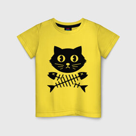 Детская футболка хлопок с принтом Пиратский знак кот и кости , 100% хлопок | круглый вырез горловины, полуприлегающий силуэт, длина до линии бедер | киса | косточки от рыбы | кот | котенок | кошка | рыбка | черный кот