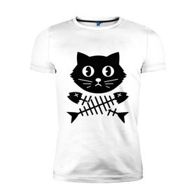 Мужская футболка премиум с принтом Пиратский знак кот и кости , 92% хлопок, 8% лайкра | приталенный силуэт, круглый вырез ворота, длина до линии бедра, короткий рукав | Тематика изображения на принте: киса | косточки от рыбы | кот | котенок | кошка | рыбка | черный кот
