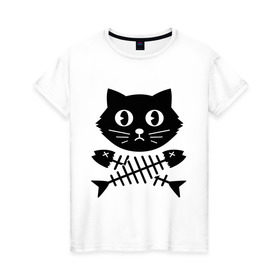 Женская футболка хлопок с принтом Пиратский знак кот и кости , 100% хлопок | прямой крой, круглый вырез горловины, длина до линии бедер, слегка спущенное плечо | Тематика изображения на принте: киса | косточки от рыбы | кот | котенок | кошка | рыбка | черный кот