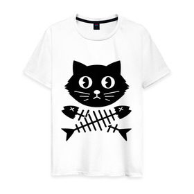 Мужская футболка хлопок с принтом Пиратский знак кот и кости , 100% хлопок | прямой крой, круглый вырез горловины, длина до линии бедер, слегка спущенное плечо. | киса | косточки от рыбы | кот | котенок | кошка | рыбка | черный кот