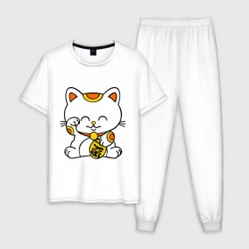 Мужская пижама хлопок с принтом Maneki-Neko Манэки – кошка удачи , 100% хлопок | брюки и футболка прямого кроя, без карманов, на брюках мягкая резинка на поясе и по низу штанин
 | киса | котенок | кошка удачи | японские кошки