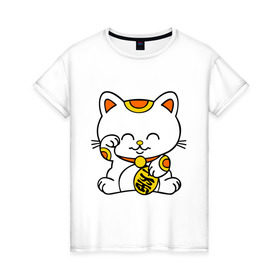 Женская футболка хлопок с принтом Maneki-Neko Манэки – кошка удачи , 100% хлопок | прямой крой, круглый вырез горловины, длина до линии бедер, слегка спущенное плечо | киса | котенок | кошка удачи | японские кошки