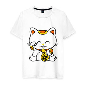 Мужская футболка хлопок с принтом Maneki-Neko Манэки – кошка удачи , 100% хлопок | прямой крой, круглый вырез горловины, длина до линии бедер, слегка спущенное плечо. | киса | котенок | кошка удачи | японские кошки