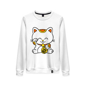 Женский свитшот хлопок с принтом Maneki-Neko Манэки – кошка удачи , 100% хлопок | прямой крой, круглый вырез, на манжетах и по низу широкая трикотажная резинка  | киса | котенок | кошка удачи | японские кошки