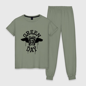 Женская пижама хлопок с принтом Green day class of 13 , 100% хлопок | брюки и футболка прямого кроя, без карманов, на брюках мягкая резинка на поясе и по низу штанин | Тематика изображения на принте: green day | rock | грин дэй | музыка | подкова | рок группа
