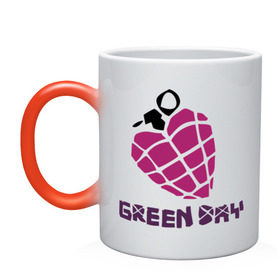 Кружка хамелеон с принтом Green day is love , керамика | меняет цвет при нагревании, емкость 330 мл | billie joe armstrong | green day | green day t shirt | rock | билли джо армстронг | граната | грин дэй | любовь | музыка | рок группа | рука | сердце