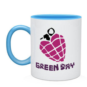 Кружка двухцветная с принтом Green day is love , керамика | объем — 330 мл, диаметр — 80 мм. Цветная ручка и кайма сверху, в некоторых цветах — вся внутренняя часть | Тематика изображения на принте: billie joe armstrong | green day | green day t shirt | rock | билли джо армстронг | граната | грин дэй | любовь | музыка | рок группа | рука | сердце