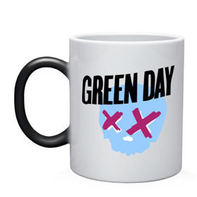 Кружка хамелеон с принтом Green day skull , керамика | меняет цвет при нагревании, емкость 330 мл | green day | rock | грин дэй | музыка | рок группа