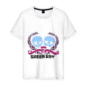 Мужская футболка хлопок с принтом Green day skulls , 100% хлопок | прямой крой, круглый вырез горловины, длина до линии бедер, слегка спущенное плечо. | green day | rock | грин дэй | лента | музыка | рок группа | черепа | черепушки
