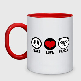 Кружка двухцветная с принтом Peace, love, panda (мир любовь панда) , керамика | объем — 330 мл, диаметр — 80 мм. Цветная ручка и кайма сверху, в некоторых цветах — вся внутренняя часть | love | panda | peace | любовь | мир
