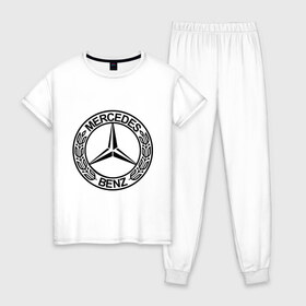 Женская пижама хлопок с принтом Mercedes-Benz , 100% хлопок | брюки и футболка прямого кроя, без карманов, на брюках мягкая резинка на поясе и по низу штанин | mercedes | mercedes benz | логотип mercedes | логотип mercedes benz | логотип мерседерс бенс | мерен | мерседерс | мерседерс бенс