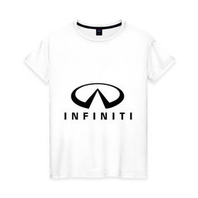 Женская футболка хлопок с принтом Infiniti logo , 100% хлопок | прямой крой, круглый вырез горловины, длина до линии бедер, слегка спущенное плечо | Тематика изображения на принте: infiniti автомобиль | автомобиль инфинити | инфинити | логотип infiniti | логотип инфинити