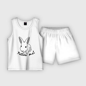 Детская пижама с шортами хлопок с принтом Следуй за белым кроликом. ,  |  | Тематика изображения на принте: alice in wonderland | follow me | алиса в стране чудес | животное | заяц | зверь | кролик | следуй за мной