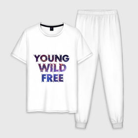 Мужская пижама хлопок с принтом Young wild free , 100% хлопок | брюки и футболка прямого кроя, без карманов, на брюках мягкая резинка на поясе и по низу штанин
 | young wild free | интернет приколы | космическая тема | космос