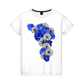Женская футболка хлопок с принтом Blue flowers , 100% хлопок | прямой крой, круглый вырез горловины, длина до линии бедер, слегка спущенное плечо | 