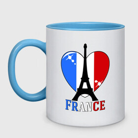 Кружка двухцветная с принтом Люблю Францию , керамика | объем — 330 мл, диаметр — 80 мм. Цветная ручка и кайма сверху, в некоторых цветах — вся внутренняя часть | france | i love france | париж | франция | эйвелева башня | я люблю францию