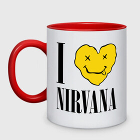 Кружка двухцветная с принтом I love Nirvana , керамика | объем — 330 мл, диаметр — 80 мм. Цветная ручка и кайма сверху, в некоторых цветах — вся внутренняя часть | i love nirvana | nirvana | нирвана | я люблю нирвану