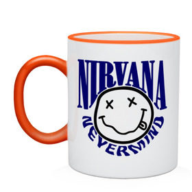 Кружка двухцветная с принтом Nevermind Nirvana , керамика | объем — 330 мл, диаметр — 80 мм. Цветная ручка и кайма сверху, в некоторых цветах — вся внутренняя часть | Тематика изображения на принте: kurt kobain | nirvana | курт кобейн | музыкальные группы | нирвана | рок группы