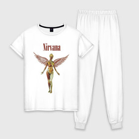 Женская пижама хлопок с принтом Like an angel , 100% хлопок | брюки и футболка прямого кроя, без карманов, на брюках мягкая резинка на поясе и по низу штанин | kurt kobain | nirvana | курт кобейн | музыкальные группы | нирвана | рок группы