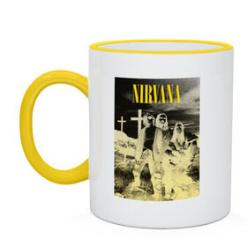 Кружка двухцветная с принтом Nirvana Poster , керамика | объем — 330 мл, диаметр — 80 мм. Цветная ручка и кайма сверху, в некоторых цветах — вся внутренняя часть | kurt kobain | nirvana | курт кобейн | музыкальные группы | нирвана | рок группы