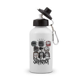 Бутылка спортивная с принтом Slipknot masks , металл | емкость — 500 мл, в комплекте две пластиковые крышки и карабин для крепления | Тематика изображения на принте: metall | метал | металл | нью метал | слипкнот