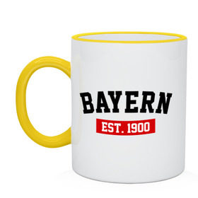 Кружка двухцветная с принтом FC Bayern Est. 1900 , керамика | объем — 330 мл, диаметр — 80 мм. Цветная ручка и кайма сверху, в некоторых цветах — вся внутренняя часть | bayern | fc bayern | fc bayern est 1900 | баерн