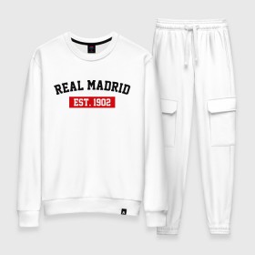 Женский костюм хлопок с принтом FC Real Madrid Est. 1902 , 100% хлопок | на свитшоте круглая горловина, мягкая резинка по низу. Брюки заужены к низу, на них два вида карманов: два 