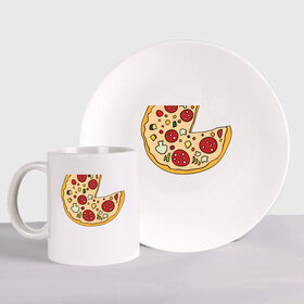 Набор: тарелка + кружка с принтом Пицца парная , керамика | Кружка: объем — 330 мл, диаметр — 80 мм. Принт наносится на бока кружки, можно сделать два разных изображения. 
Тарелка: диаметр - 210 мм, диаметр для нанесения принта - 120 мм. | Тематика изображения на принте: pizza | влюбленным | для влюбленных | для двоих | для пар | парные | пицца