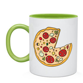 Кружка двухцветная с принтом Пицца парная , керамика | объем — 330 мл, диаметр — 80 мм. Цветная ручка и кайма сверху, в некоторых цветах — вся внутренняя часть | Тематика изображения на принте: pizza | влюбленным | для влюбленных | для двоих | для пар | парные | пицца
