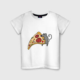 Детская футболка хлопок с принтом Кусочек пиццы парная , 100% хлопок | круглый вырез горловины, полуприлегающий силуэт, длина до линии бедер | Тематика изображения на принте: pizza | влюбленным | для влюбленных | для двоих | для пар | мышонок | пара | парные | пицца