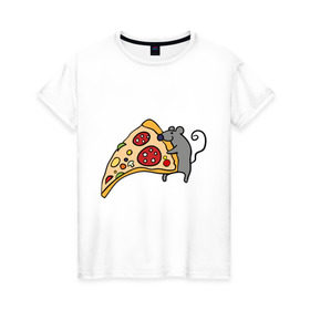 Женская футболка хлопок с принтом Кусочек пиццы парная , 100% хлопок | прямой крой, круглый вырез горловины, длина до линии бедер, слегка спущенное плечо | pizza | влюбленным | для влюбленных | для двоих | для пар | мышонок | пара | парные | пицца