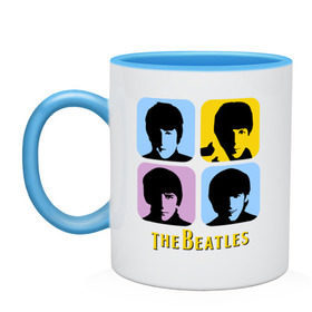 Кружка двухцветная с принтом The Beatles pop art , керамика | объем — 330 мл, диаметр — 80 мм. Цветная ручка и кайма сверху, в некоторых цветах — вся внутренняя часть | beatles | the beatles | the beatles pop art | бителс