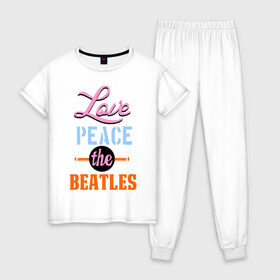 Женская пижама хлопок с принтом Love peace the Beatles , 100% хлопок | брюки и футболка прямого кроя, без карманов, на брюках мягкая резинка на поясе и по низу штанин | beatles | love peace the beatles | the beatles | бителс