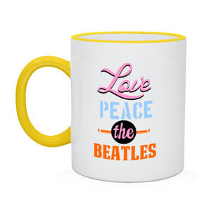 Кружка двухцветная с принтом Love peace the Beatles , керамика | объем — 330 мл, диаметр — 80 мм. Цветная ручка и кайма сверху, в некоторых цветах — вся внутренняя часть | beatles | love peace the beatles | the beatles | бителс