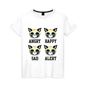Женская футболка хлопок с принтом Mood Cat , 100% хлопок | прямой крой, круглый вырез горловины, длина до линии бедер, слегка спущенное плечо | alert | angry | happy | mood cat | sad