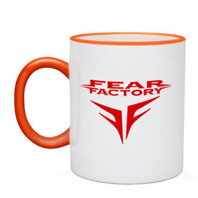 Кружка двухцветная с принтом Fear Factory logo , керамика | объем — 330 мл, диаметр — 80 мм. Цветная ручка и кайма сверху, в некоторых цветах — вся внутренняя часть | Тематика изображения на принте: fear factory